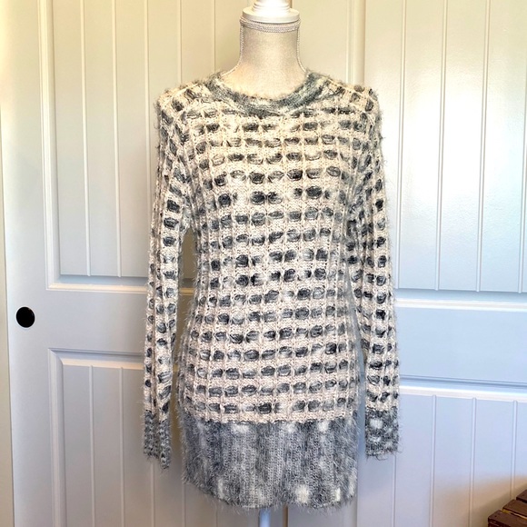 Katsumi White Gray Fuzzy Long Sleeve Knit Sweater - Picture 1 of 11